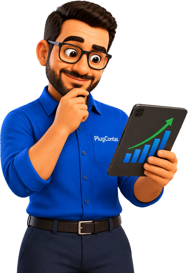 Custódio, o assistente do PlugContas, mostrando um gráfico de crescimento no tablet