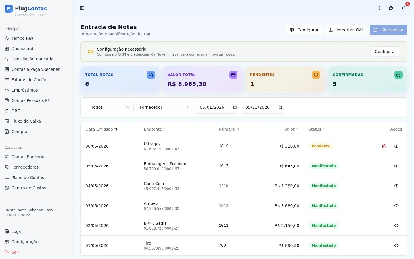 Tela Entrada de Notas do PlugContas com notas fiscais importadas da SEFAZ e status de manifestação
