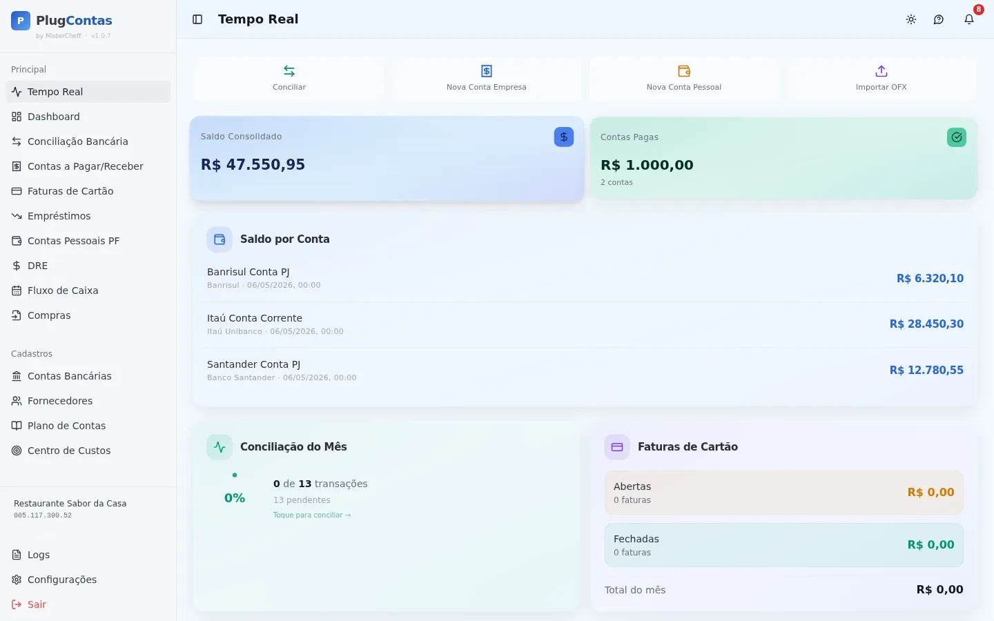 Tela Tempo Real do PlugContas com saldo consolidado e saldo por conta