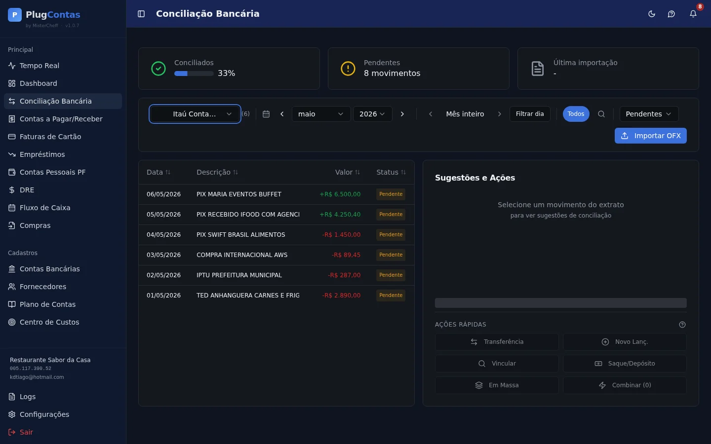 Tela de Conciliação Bancária do PlugContas — desktop