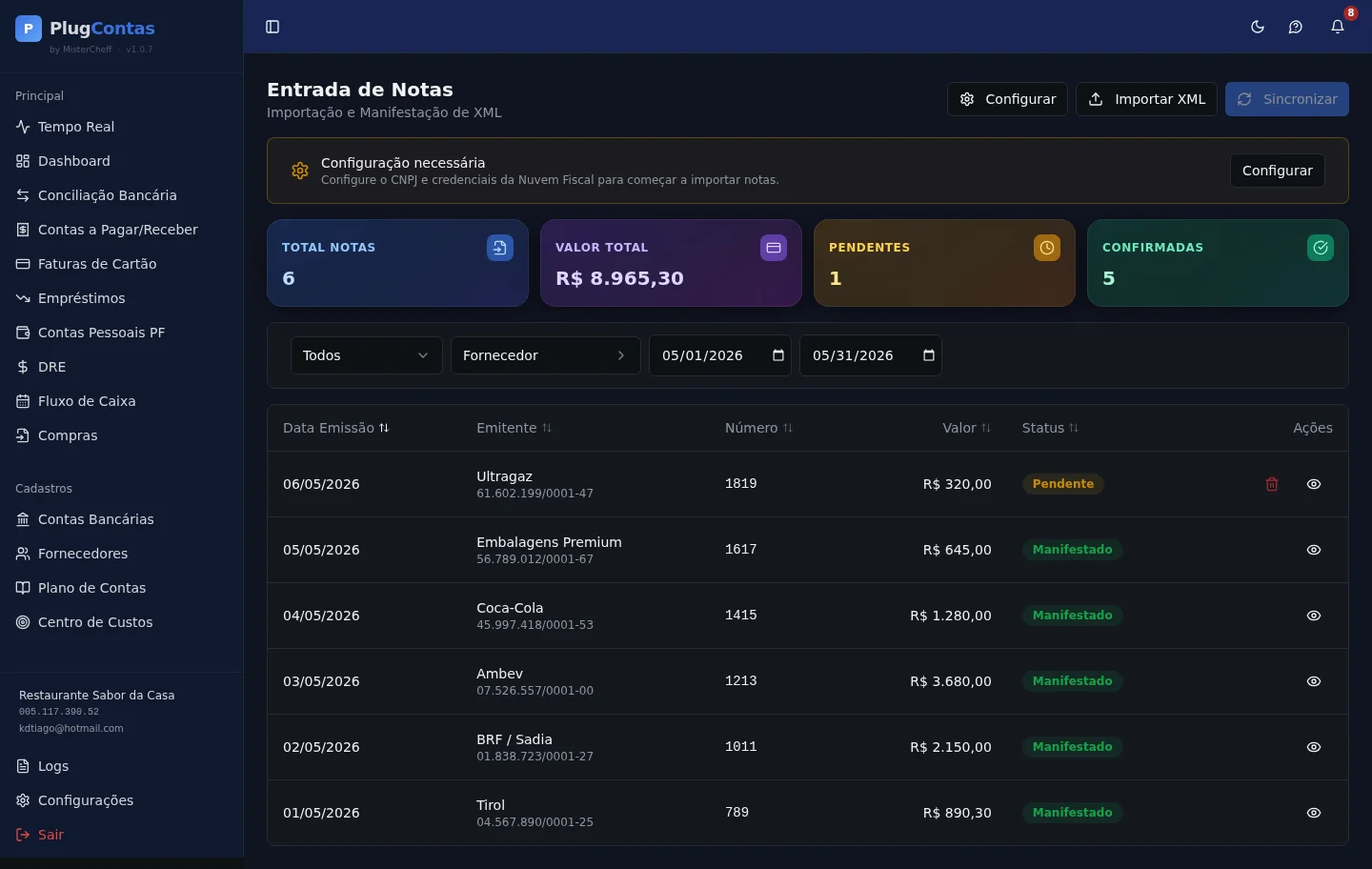 Tela de Entrada de Notas (NFe) do PlugContas — desktop