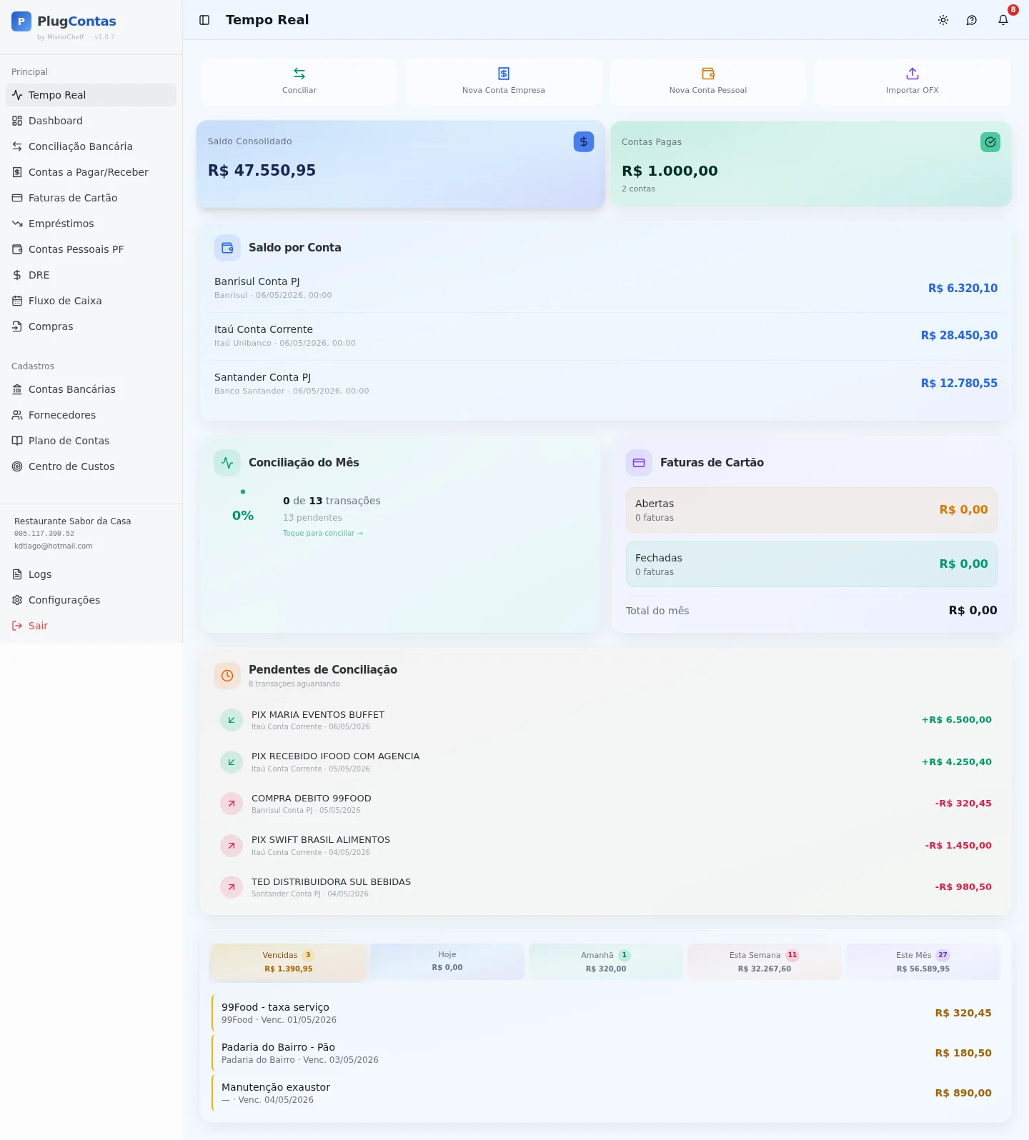 Dashboard com saldo consolidado de várias contas no PlugContas