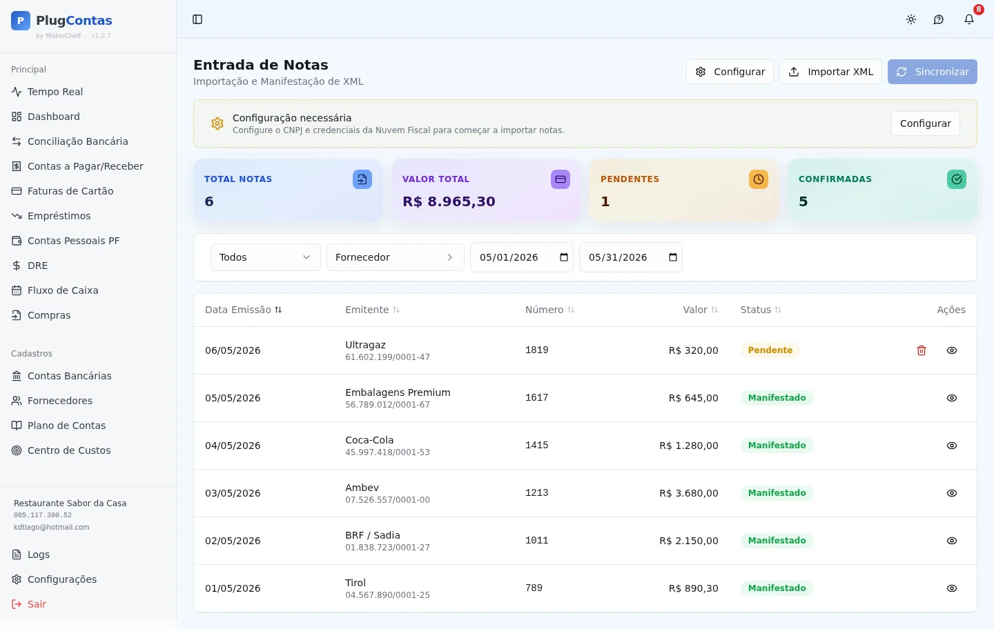 Tela de Entrada de Notas (NFe) — tema claro