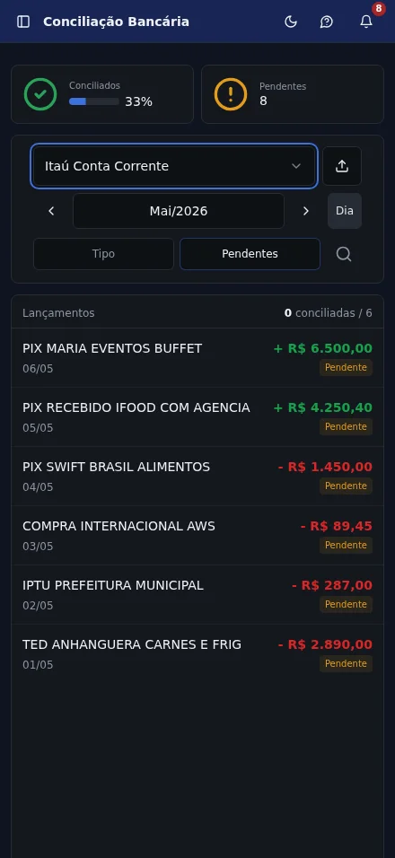 Tela de Conciliação Bancária do PlugContas — iPhone