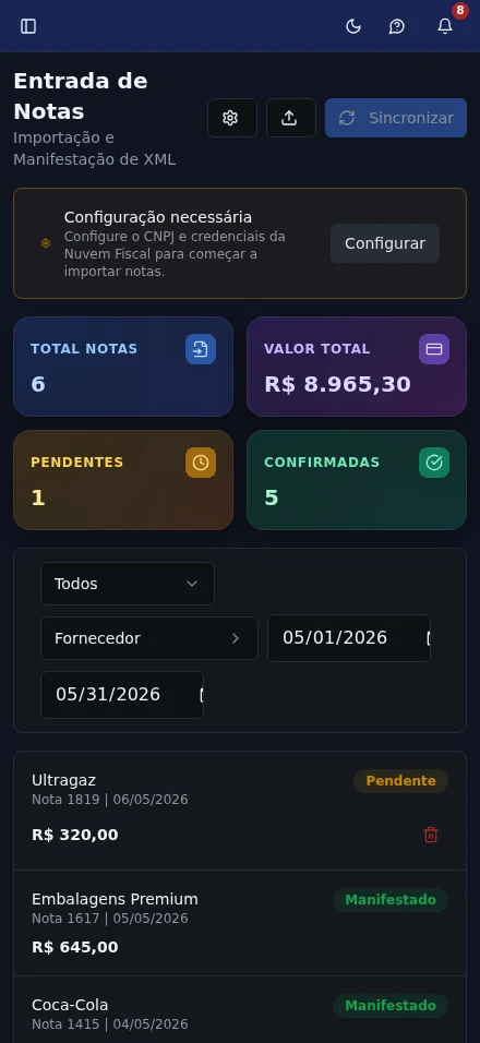 Tela de Entrada de Notas (NFe) do PlugContas — mobile