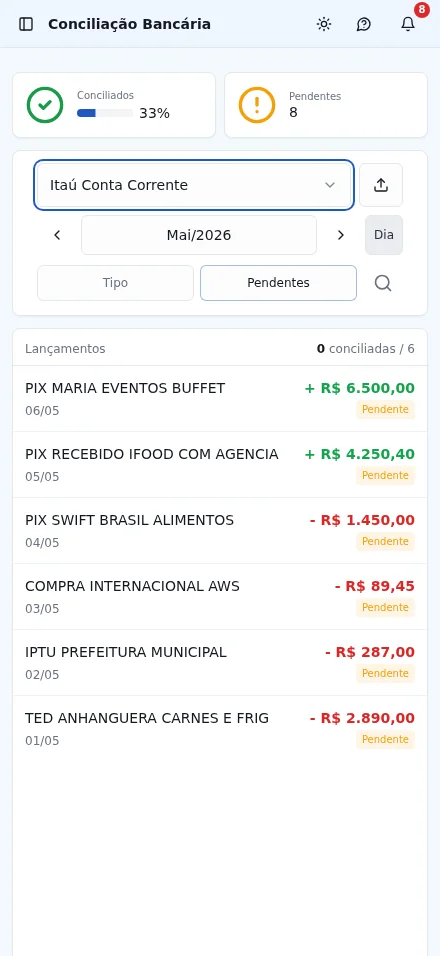 Tela de Conciliação Bancária do PlugContas — iPhone tema claro