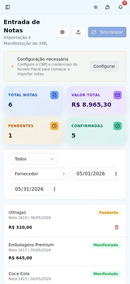 Tela de Entrada de Notas — mobile tema claro