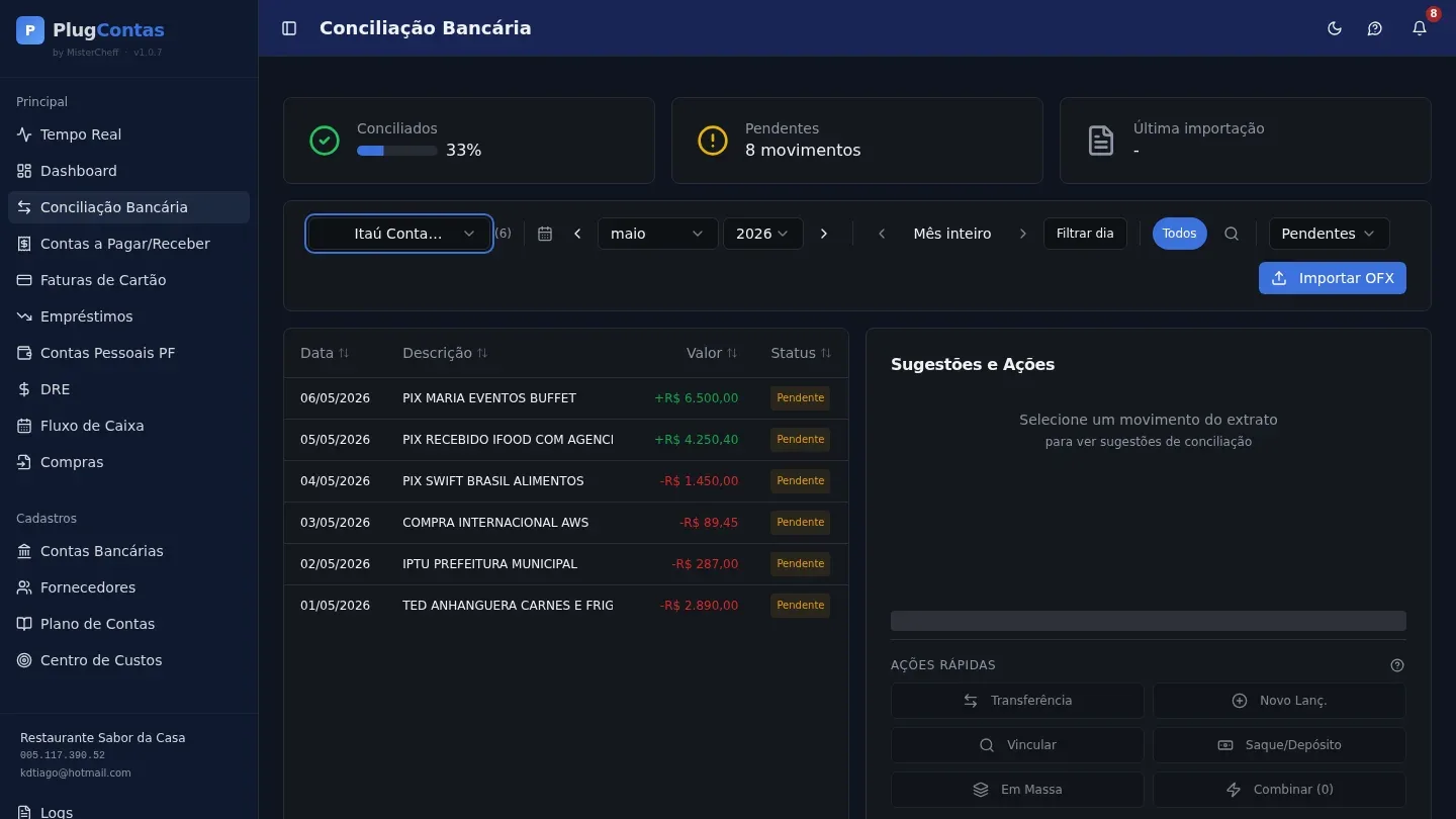 Conciliação Bancária, sugestões automáticas para cada movimento OFX