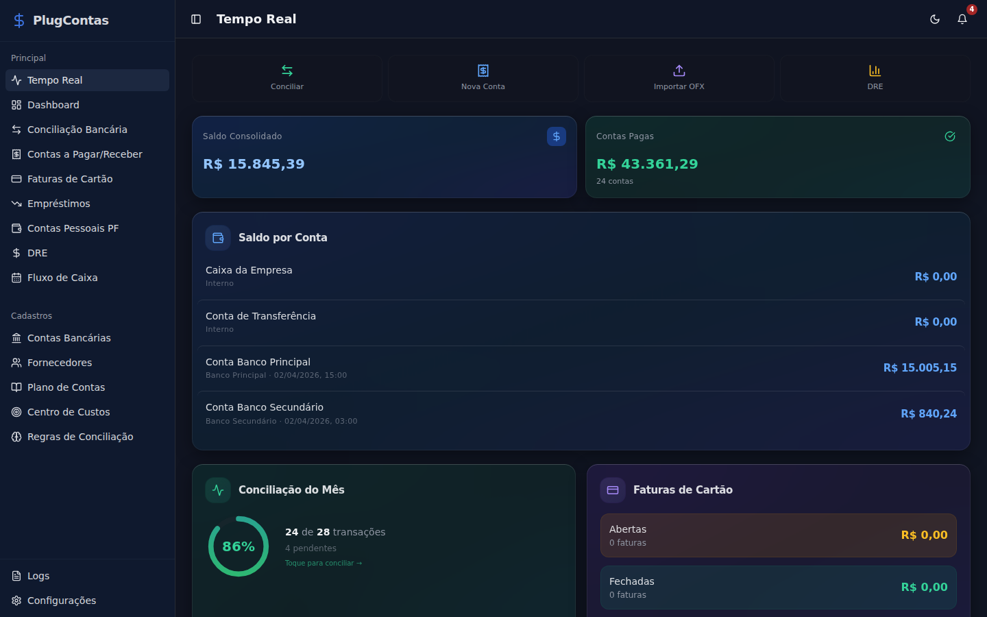 Tempo Real — Saldos ao vivo, conciliação e contas por banco